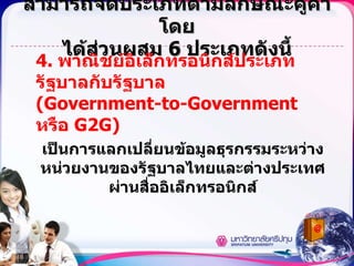 สามารถจัดประเภทตามลักษณะคู่ค้าโดย ได้ส่วนผสม  6  ประเภทดังนี้ 4.  พาณิชย์อิเล็กทรอนิกส์ประเภทรัฐบาลกับรัฐบาล  (Government-to-Government  หรือ  G2G) เป็นการแลกเปลี่ยนข้อมูลธุรกรรมระหว่างหน่วยงานของรัฐบาลไทยและต่างประเทศผ่านสื่ออิเล็กทรอนิกส์ 