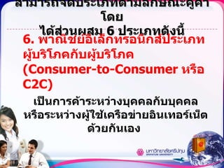 สามารถจัดประเภทตามลักษณะคู่ค้าโดย ได้ส่วนผสม  6  ประเภทดังนี้ 6.  พาณิชย์อิเล็กทรอนิกส์ประเภทผู้บริโภคกับผู้บริโภค  (Consumer-to-Consumer  หรือ  C2C) เป็นการค้าระหว่างบุคคลกับบุคคล หรือระหว่างผู้ใช้เครือข่ายอินเทอร์เน็ตด้วยกันเอง   