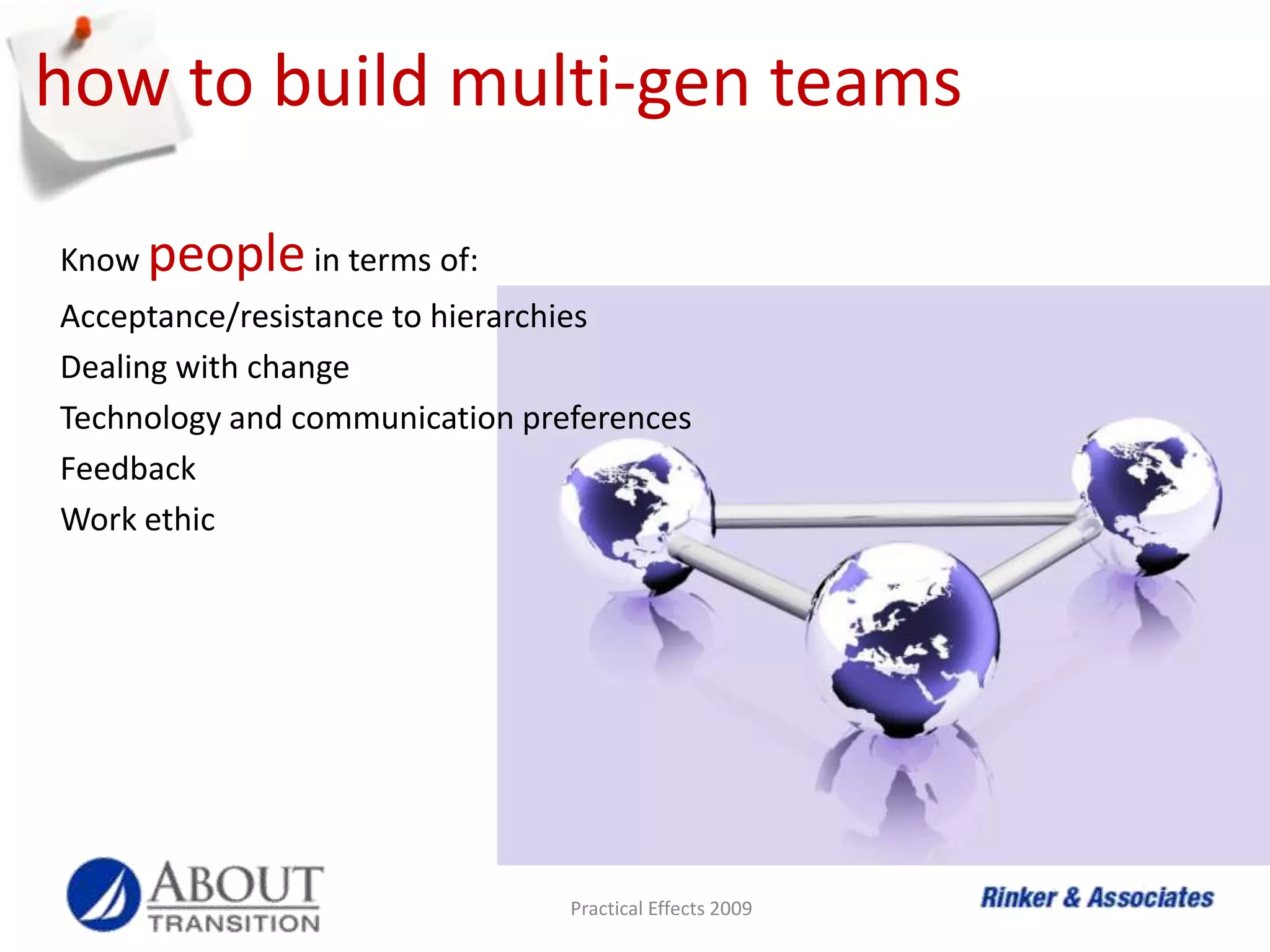 much in commonFlexible schedules.Provides no long term commitment.Expects their organizations to meet their needs.And, most importantly, all generations value trust and want respect.Practical Effects 2009
