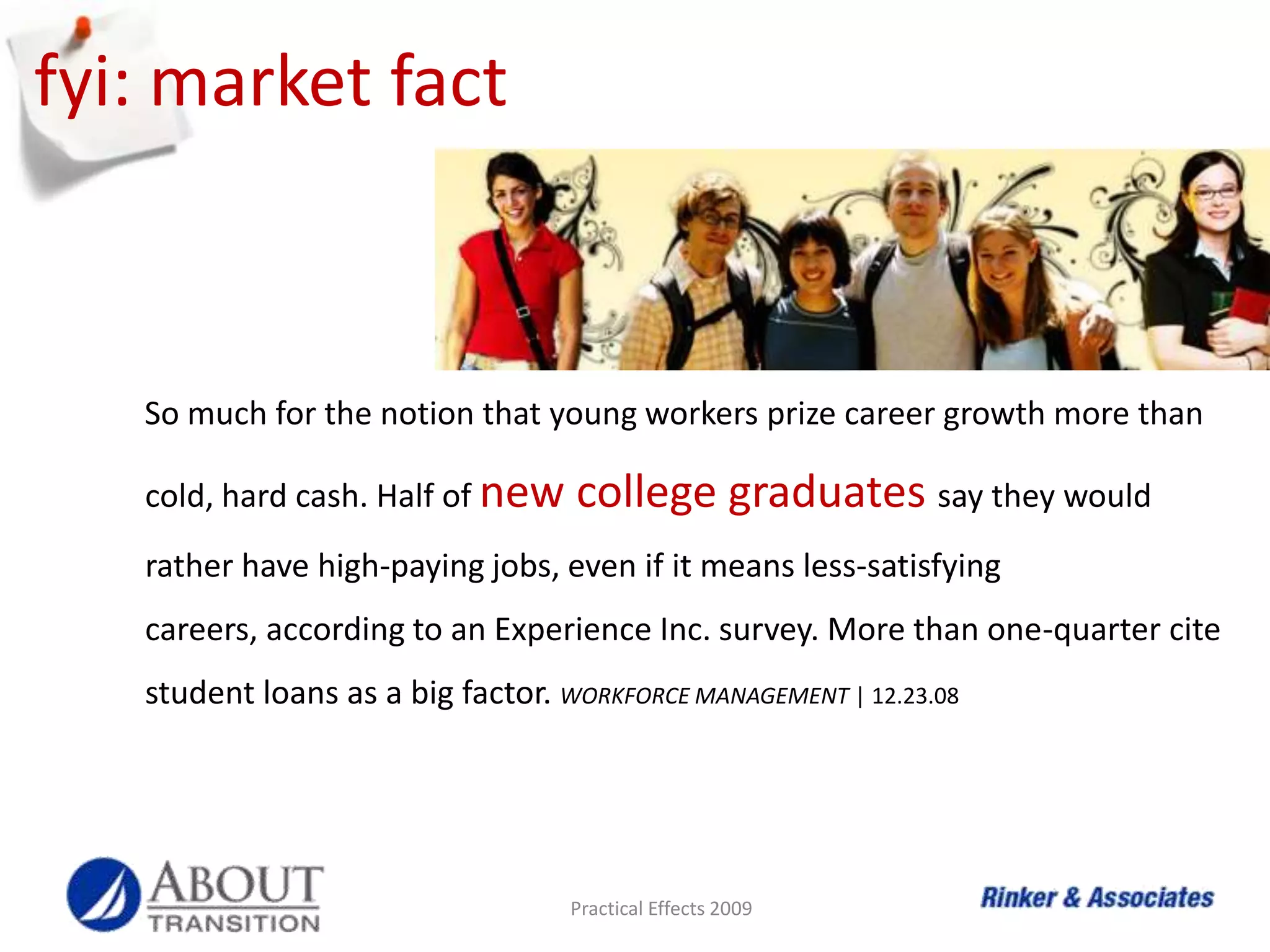 fyi: market factSo much for the notion that young workers prize career growth more than cold, hard cash. Half of new college graduatessay they would rather have high-paying jobs, even if it means less-satisfying careers, according to an Experience Inc. survey. More than one-quarter cite student loans as a big factor. WORKFORCE MANAGEMENT | 12.23.08Practical Effects 2009