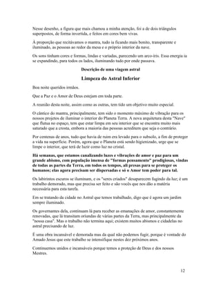 Nesse desenho, a figura que mais chamou a minha atenção, foi a de dois triângulos
superpostos, de forma invertida, e feitos em cores bem vivas.
À proporção que recitávamos o mantra, tudo ia ficando mais bonito, transparente e
iluminado, as pessoas ao redor da mesa e o próprio interior da nave.
Os sons tinham cores e formas, lindas e variadas, parecendo um arco-íris. Essa energia ia
se expandindo, para todos os lados, iluminando tudo por onde passava.
                             Descrição de uma viagem astral

                             Limpeza do Astral Inferior
Boa noite queridos irmãos.
Que a Paz e o Amor de Deus estejam em toda parte.
A reunião desta noite, assim como as outras, tem tido um objetivo muito especial.
O cântico do mantra, principalmente, tem sido o momento máximo de vibração para os
nossos projetos de iluminar o interior do Planeta Terra. A nova arquitetura desta "Nave"
que flutua no espaço, tem que estar limpa em seu interior que se encontra muito mais
saturado que a crosta, embora a maioria das pessoas acreditem que seja o contrário.
Por centenas de anos, tudo que havia de ruim era levado para o subsolo, a fim de proteger
a vida na superfície. Porém, agora que o Planeta está sendo higienizado, urge que se
limpe o interior, que terá de luzir como luz no cristal.
Há semanas, que estamos canalizando luzes e vibrações de amor e paz para um
grande abismo, com população imensa de "formas pensamento" prodigiosas, vindas
de todas as partes da Terra, em todos os tempos, ali presas para se proteger os
humanos; elas agora precisam ser dispersadas e só o Amor tem poder para tal.
Os labirintos escuros se iluminam, e os "seres criados" desaparecem fugindo da luz; é um
trabalho demorado, mas que precisa ser feito e são vocês que nos dão a matéria
necessária para esta tarefa.
Em se tratando da cidade no Astral que temos trabalhado, digo que é agora um jardim
sempre iluminado.
Os governantes dela, continuam lá para receber as emanações de amor, constantemente
renovadas, que lá transitam oriundas de várias partes da Terra, mas principalmente da
"nossa casa". Mas o trabalho não termina aqui; existem muitos abismos e cidadelas no
astral precisando de luz.
É uma obra incansável e demorada mas da qual não podemos fugir, porque é vontade do
Amado Jesus que este trabalho se intensifique nestes dez próximos anos.
Continuemos unidos e incansáveis porque temos a proteção de Deus e dos nossos
Mestres.



                                                                                     12
 
