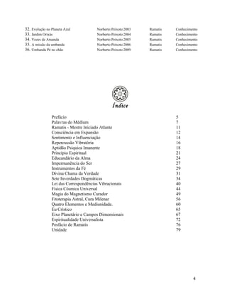32. Evolução no Planeta Azul           Norberto Peixoto 2003   Ramatis   Conhecimento
33. Jardim Orixás                      Norberto Peixoto 2004   Ramatis   Conhecimento
34. Vozes de Aruanda                   Norberto Peixoto 2005   Ramatis   Conhecimento
35. A missão da umbanda                Norberto Peixoto 2006   Ramatis   Conhecimento
36. Umbanda Pé no chão                 Norberto Peixoto 2009   Ramatis   Conhecimento




                                                Índice
                Prefácio                                                 5
                Palavras do Médium                                       7
                Ramatis - Mestre Iniciado Atlante                        11
                Consciência em Expansão                                  12
                Sentimento e Influenciação                               14
                Repercussão Vibratória                                   16
                Aptidão Psíquica Imanente                                18
                Princípio Espiritual                                     21
                Educandário da Alma                                      24
                Impermanência do Ser                                     27
                Instrumentos da Fé                                       29
                Divina Chama da Verdade                                  31
                Sete Inverdades Dogmáticas                               34
                Lei das Correspondências Vibracionais                    40
                Física Cósmica Universal                                 44
                Magia do Magnetismo Curador                              49
                Fitoterapia Astral, Cura Milenar                         56
                Quatro Elementos e Mediunidade.                          60
                Eu Crístico                                              65
                Eixo Planetário e Campos Dimensionais                    67
                Espiritualidade Universalista                            72
                Posfácio de Ramatis                                      76
                Unidade                                                  79




                                                                                  4
 