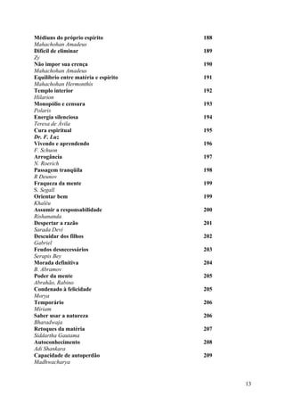 Médiuns do próprio espírito           188
Mahachohan Amadeus
Difícil de eliminar                   189
Zy
Não impor sua crença                  190
Mahachohan Amadeus
Equilíbrio entre matéria e espírito   191
Mahachohan Hermonthis
Templo interior                       192
Hilarion
Monopólio e censura                   193
Polaris
Energia silenciosa                    194
Teresa de Ávila
Cura espiritual                       195
Dr. F. Luz
Vivendo e aprendendo                  196
F. Schuon
Arrogância                            197
N. Roerich
Passagem tranqüila                    198
R Deunov
Fraqueza da mente                     199
S. Segall
Orientar bem                          199
Khaléu
Assumir a responsabilidade            200
Rishananda
Despertar a razão                     201
Sarada Devi
Descuidar dos filhos                  202
Gabriel
Feudos desnecessários                 203
Serapis Bey
Morada definitiva                     204
B. Abramov
Poder da mente                        205
Abrahão, Rabino
Condenado à felicidade                205
Morya
Temporário                            206
Míriam
Saber usar a natureza                 206
Bharadwaja
Retoques da matéria                   207
Siddartha Gautama
Autoconhecimento                      208
Adi Shankara
Capacidade de autoperdão              209
Madhwacharya


                                            13
 