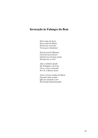 Invocação às Falanges do Bem


       Doce nome de Jesus,
       Doce nome de Maria,
       Enviai-nos vossa luz
       Vossa paz e harmonia!

       Estrela azul de Dharma,
       Farol de nosso Dever!
       Libertai-nos do mau carma,
       Ensinai-nos a viver!

       Ante o símbolo amado
       Do Triângulo e da Cruz,
       Vê-se o servo renovado
       Por Ti, ó Mestre Jesus!

       Com os nossos irmãos de Marte
       Façamos uma oração-.
       Que nos ensinem a arte
       Da Grande Harmonização!




                                       16
 