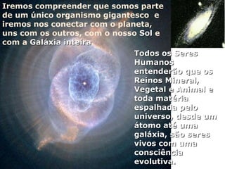 Iremos compreender que somos parte de um   único organismo gigantesco  e iremos nos conectar com o planeta, uns com os outros, com o nosso  Sol  e com a  Galáxia inteira .  Todos os Seres Humanos entenderão que os Reinos Mineral, Vegetal e Animal e  toda matéria espalhada pelo universo, desde um átomo até uma galáxia, são seres vivos com uma consciência evolutiva. 