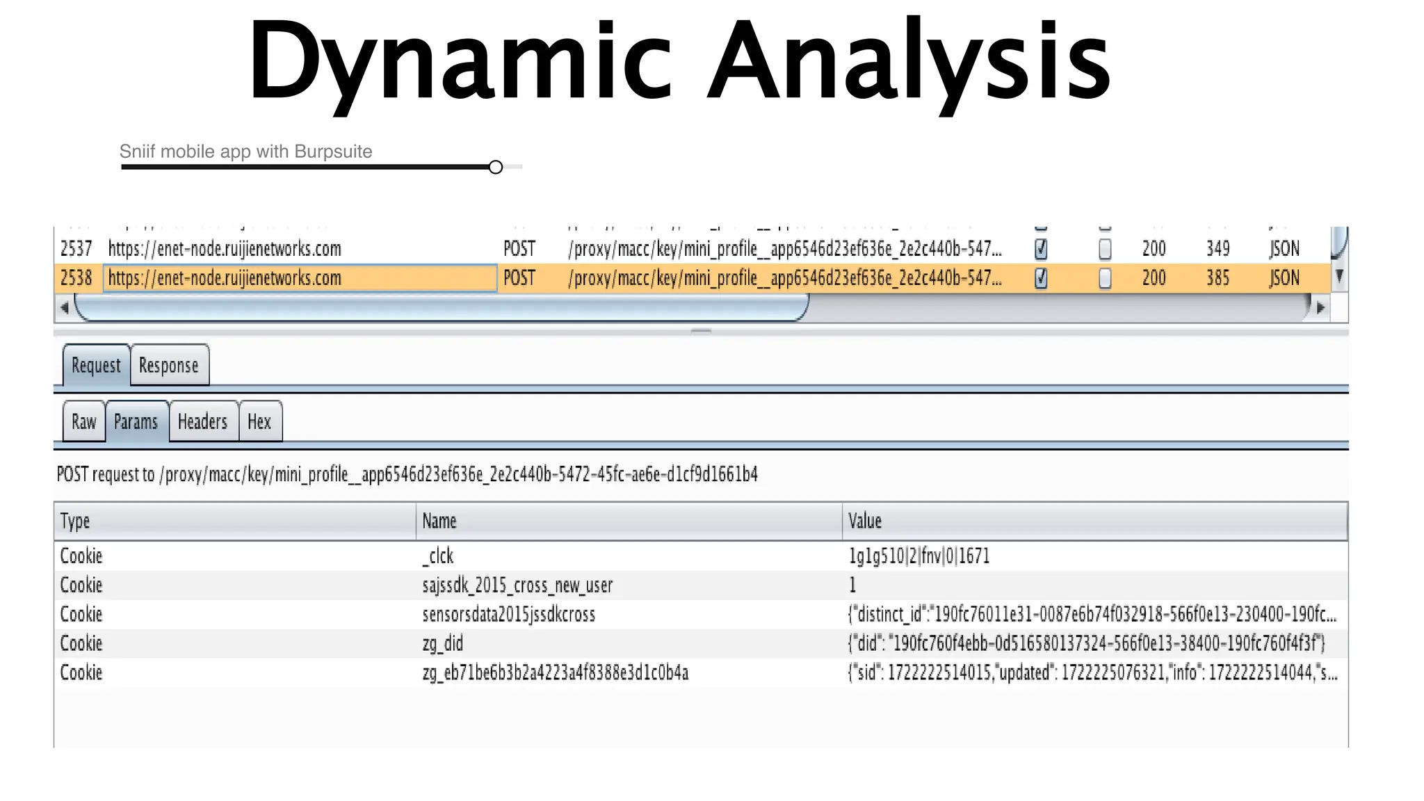 Sniif mobile app with Burpsuite
Dynamic Analysis
 