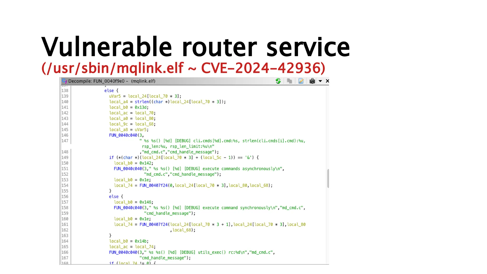 Vulnerable router service
(/usr/sbin/mqlink.elf ~ CVE-2024-42936)
 