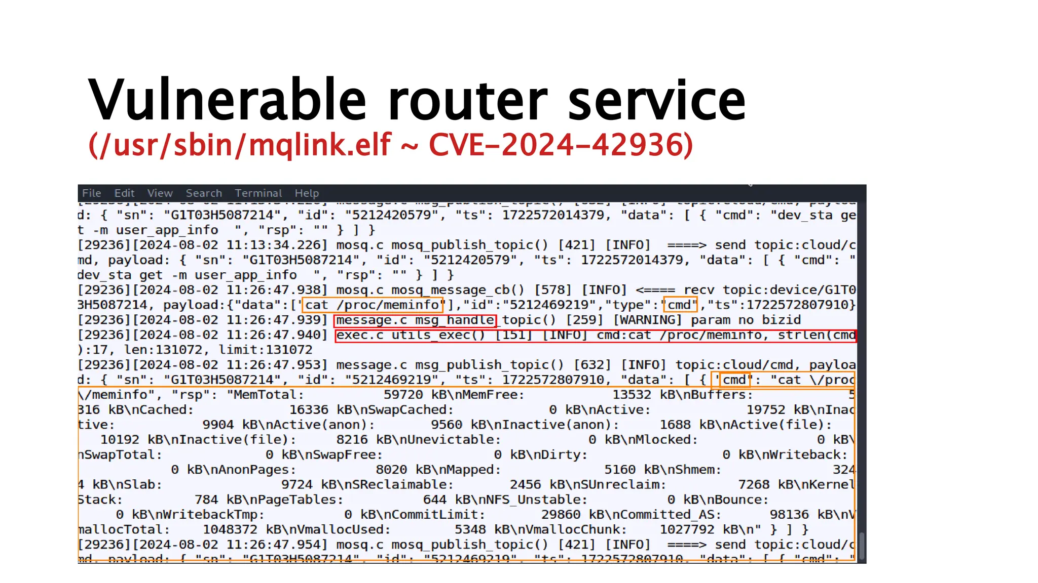 Vulnerable router service
(/usr/sbin/mqlink.elf ~ CVE-2024-42936)
 