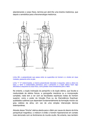 abandonando o corpo físico, termina por abrir-lhe uma brecha mediúnica, que
depois o sensibiliza para a fenomenologia mediúnica.




Linha AB, a perpendicular que passa entre os supercílios do homem e o divide em duas
metades, passando entre os pés.

Linha “1” “2” (interrompida), a mesma perpendicular desviada à esquerda, sobre a altura do
baço, o “abre” à mediunidade prematura, pois o perispírito e o duplo etérico ficam algo
desviados à esquerda do corpo físico, como janelas vivas entreabertas para o Além.

No entanto, a dupla inclinação do perispírito e do duplo etérico, que faculta a
mediunidade de efeitos físicos, a psicografia mecânica ou a incorporação
completa, nada tem a ver com as faculdades espirituais inatas do homem
superior, como o poder da Intuição Pura ou da Clarividência Espiritual,
qualidades sublimes que dependem fundamentalmente da formação moral e do
grau sidéreo da alma, em vez de uma simples intervenção técnica
extemporânea.

Através dessa “frincha” etérica aberta para o Além por causa do desvio da linha
perispiritual magnética, o médium é então o homem hipersensível em contato
mais demorado com os fenômenos do mundo oculto. No entanto, isso também
 