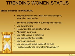TRENDING WOMEN STATUS
Status of women in RAMAYANA:
•

Scriptural women (Devi Sita) was ideal daughter,
ideal wife, ideal mother

•

She had a silent power of suffering and sacrifice

•
•
•
•
•
•
•
•

Sita swayamvara.
Renounced the comfort of ayodhya.
Abduction by ravana.
Sita held captive in ashokvan.
Sita doubted for her chastity.
Sita’s agni pariksha
Sita undergone ordeal to site off an exile
Finally she return to her mother “Bhoomidevi”

.

 