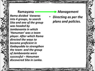 Ramayana Management
• Directing as per the
plans and policies.
• Rama divided Vanaras
into 4 groups, to search
Sita and one of the group
was headed by
Jambavanta in which
‘Hanuman’ was a team
player. After which Rama
directed the ways to
become proficient in
Gadayudda to strengthen
the team- and the group
of Jambavanta were
successful – Hanuman
discovered Sita in Lanka.
 