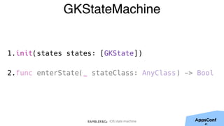 iOS state machine
GKStateMachine
1.init(states states: [GKState])
2.func enterState(_ stateClass: AnyClass) -> Bool
41
 