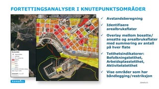 2016/01/31
FORTETTINGSANALYSER I KNUTEPUNKTSOMRÅDER
 Avstandsberegning
 Identifisere
arealbruksflater
 Overlay mellom bosatte/
ansatte og arealbruksflater
med summering av antall
på hver flate
 Tetthetsindikatorer:
Befolkningstetthet,
Arbeidsplasstetthet,
Aktivitetstetthet
 Vise områder som har
båndlegging/restriksjon
 