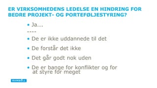 ER VIRKSOMHEDENS LEDELSE EN HINDRING FOR 
BEDRE PROJEKT- OG ʰշØճ۸? 
• Ja…. 
---- 
• De er ikke uddannede til det 
• De forstår det ikke 
• Det går godt nok uden 
• De er bange for konflikter og for 
at styre for meget 
 