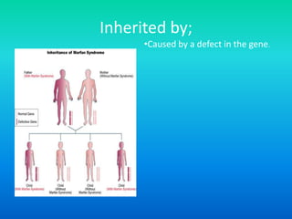 Inherited by; Caused by a defect in the gene. Symptoms: Physical Appearance: very tall and thin. Arms, Legs, Fingers and toes will be too long for the rest of your body. Spine may be curved. Breastbone will either stick out or be indented.  Joints could be dislocated. Long Narrow face and the roof of the mouth will be higher than normal. They will have flat feet.  They will be near-sited. Will have difference in the shape of their eye. Blood vessel walls becomes very weak. Increases the chances of having asthma, bronchitis, pneumonia and collapsed lung.