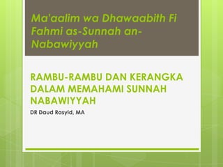 Ma'aalim wa Dhawaabith Fi
Fahmi as-Sunnah an-
Nabawiyyah


RAMBU-RAMBU DAN KERANGKA
DALAM MEMAHAMI SUNNAH
NABAWIYYAH
DR Daud Rasyid, MA
 