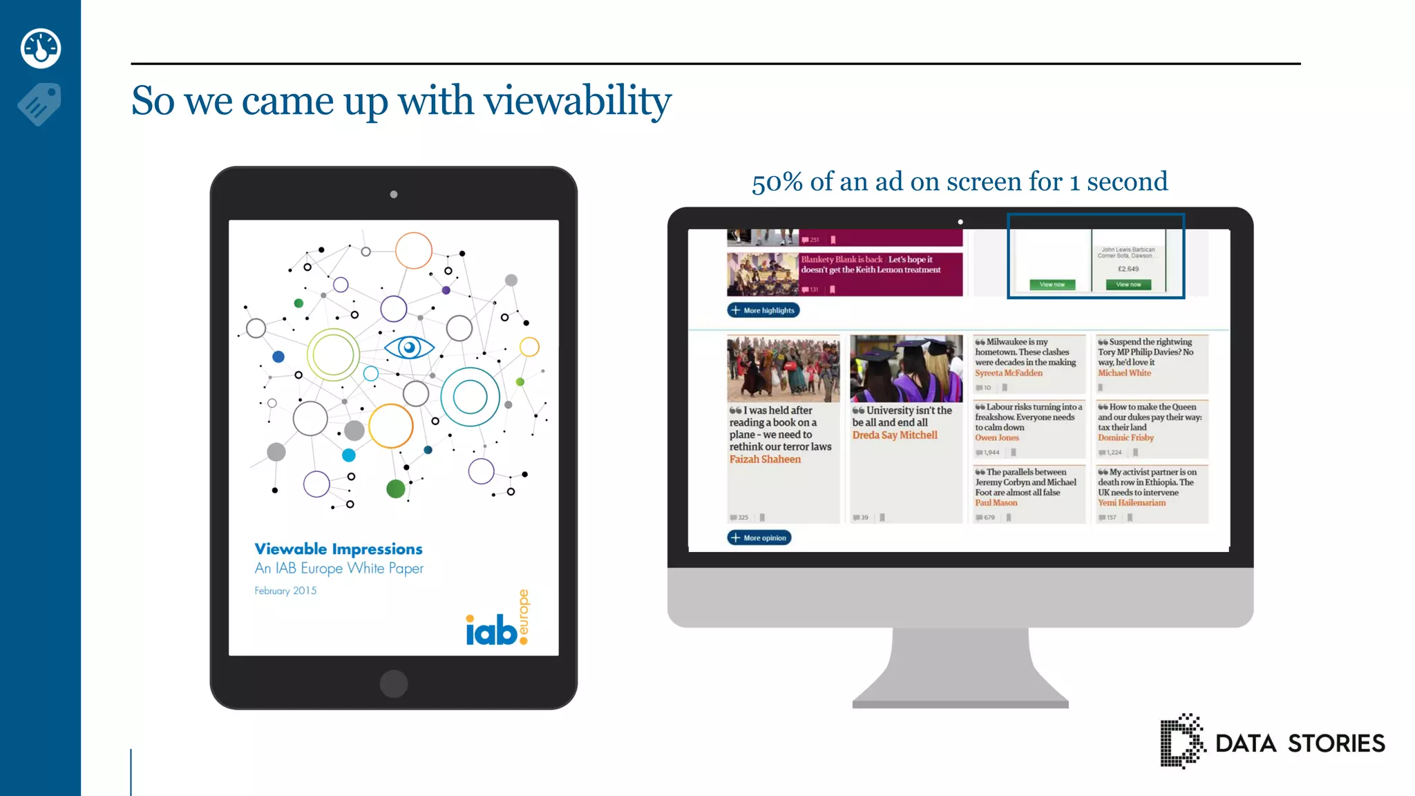 50% of an ad on screen for 1 second
So we came up with viewability
 