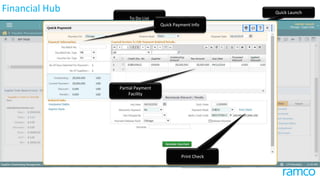 User preference setting for
specific data/ criteria
option
Processing of
Individual document
Bulk Processing of
Invoices
View More details on
selected document
Flexible &
Independent Search
Quick Payment Info
Partial Payment
Facility
Print Check
Financial Hub
 