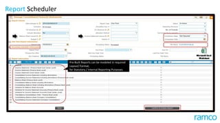 Pre-Built Reports can be modeled in required
Layout/ Format,
for Statutory / Internal Reporting Purposes.
Report Scheduler
 