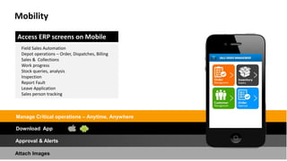 Attach Images
Approval & Alerts
Manage Critical operations – Anytime, Anywhere
Download App
Access ERP screens on Mobile
Field Sales Automation
Depot operations – Order, Dispatches, Billing
Sales & Collections
Work progress
Stock queries, analysis
Inspection
Report Fault
Leave Application
Sales person tracking
Mobility
 