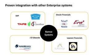 Proven integration with other Enterprise systems
Oracle Financials
J D Edwards Lawson Financials
SAP
Ramco
Systems
 