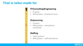 7
All Rights Reserved. © Copyright 2013. Ramco Systems. 
The Solution
7
Project Mgmt.
& Tracking
Sales Procurement
HCM &
Payroll
Financials
Contact to Contract
Requisition to Release
Execution to Billing
Quote to Cash
C2C
R2R
E2B
Q2C
 