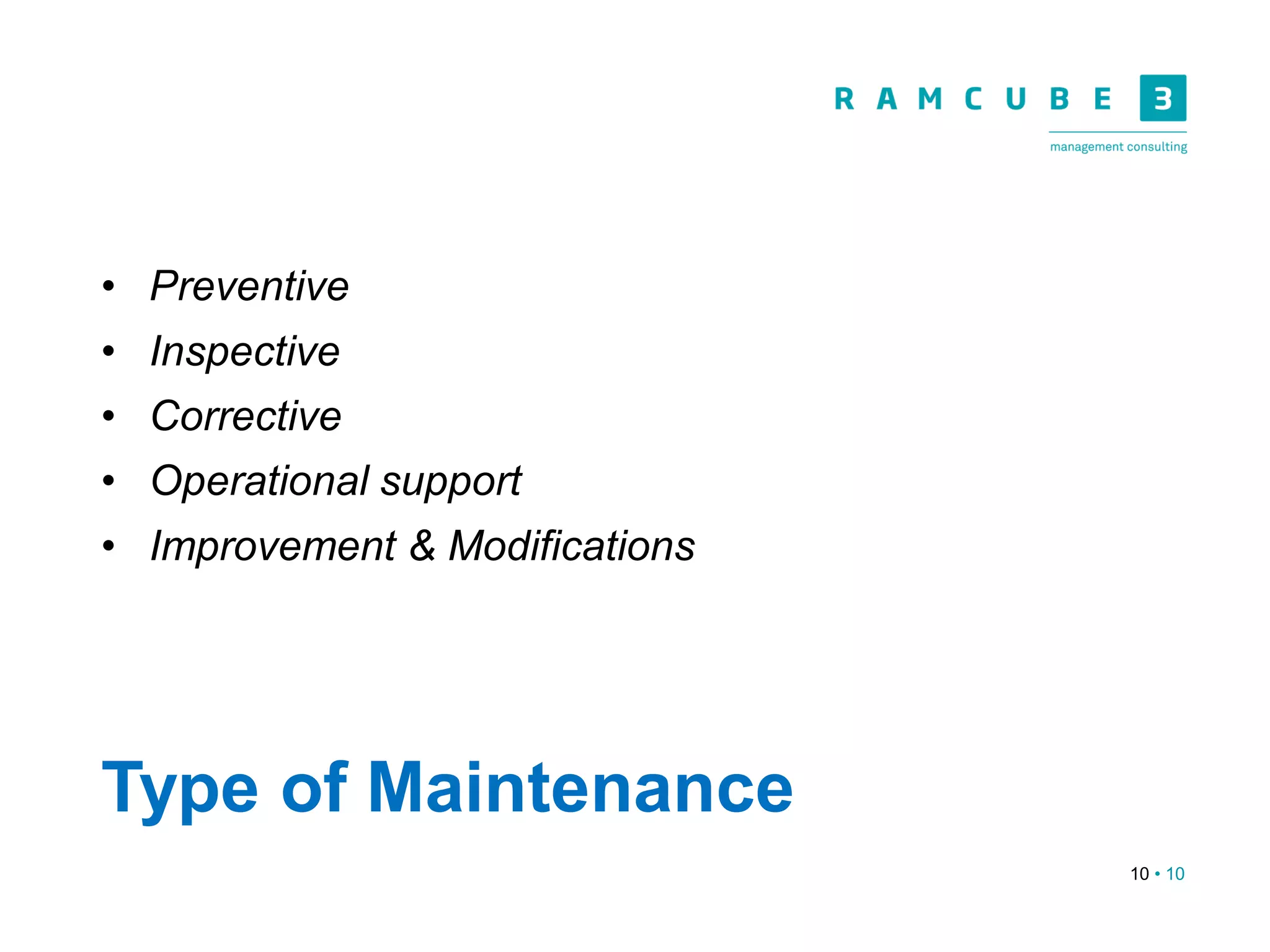10 • 10
Type of Maintenance
• Preventive
• Inspective
• Corrective
• Operational support
• Improvement & Modifications
 