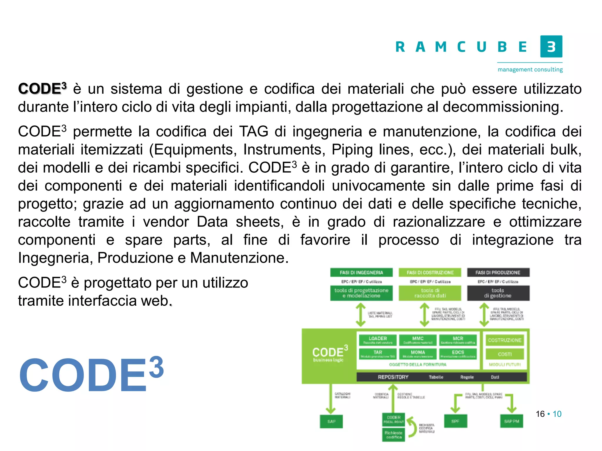 16 • 10
CODE3 è un sistema di gestione e codifica dei materiali che può essere utilizzato
durante l’intero ciclo di vita degli impianti, dalla progettazione al decommissioning.
CODE3 permette la codifica dei TAG di ingegneria e manutenzione, la codifica dei
materiali itemizzati (Equipments, Instruments, Piping lines, ecc.), dei materiali bulk,
dei modelli e dei ricambi specifici. CODE3 è in grado di garantire, l’intero ciclo di vita
dei componenti e dei materiali identificandoli univocamente sin dalle prime fasi di
progetto; grazie ad un aggiornamento continuo dei dati e delle specifiche tecniche,
raccolte tramite i vendor Data sheets, è in grado di razionalizzare e ottimizzare
componenti e spare parts, al fine di favorire il processo di integrazione tra
Ingegneria, Produzione e Manutenzione.
CODE3 è progettato per un utilizzo
tramite interfaccia web.
CODE3
 