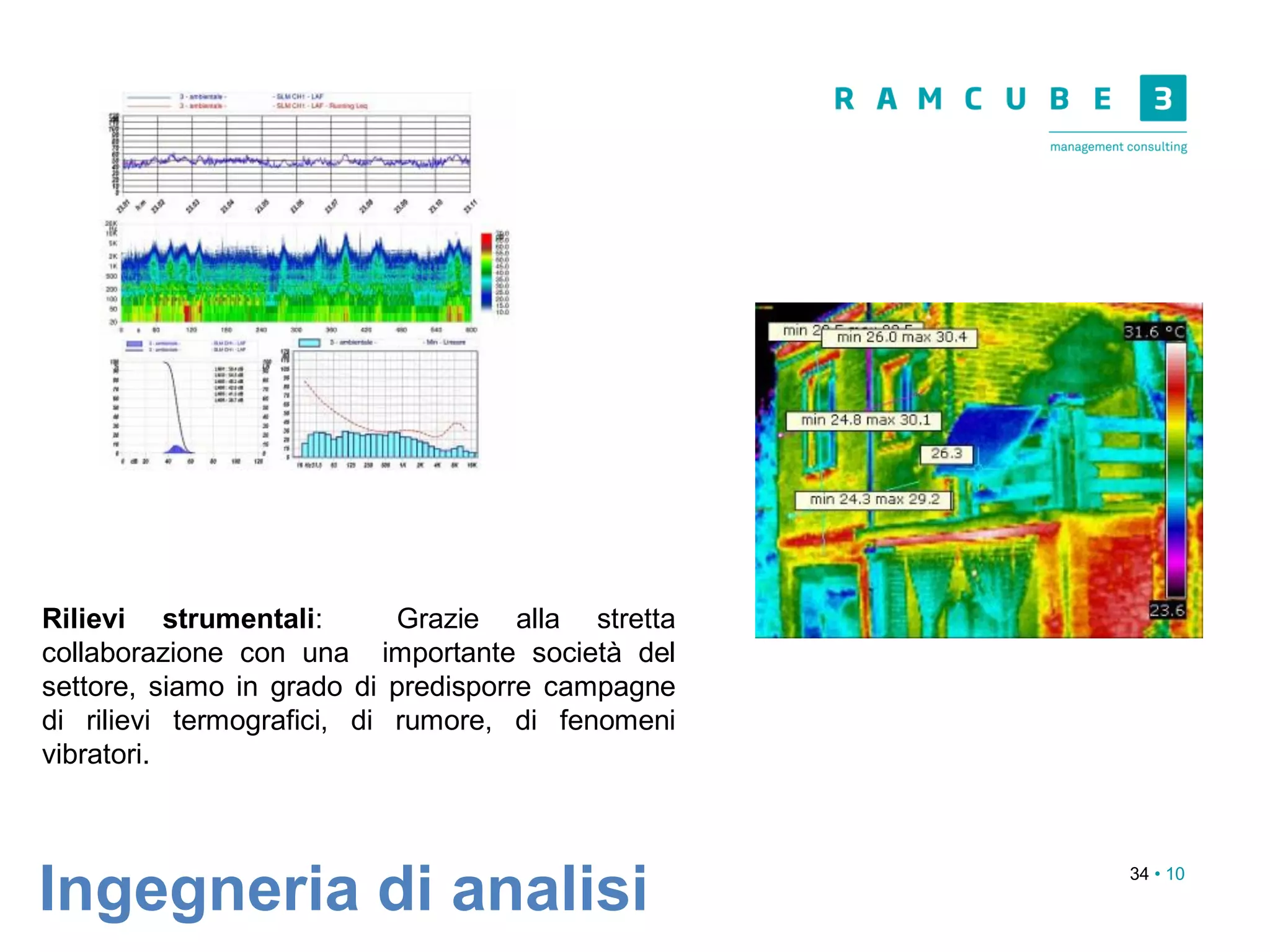 34 • 10
Ingegneria di analisi
Rilievi strumentali: Grazie alla stretta
collaborazione con una importante società del
settore, siamo in grado di predisporre campagne
di rilievi termografici, di rumore, di fenomeni
vibratori.
 