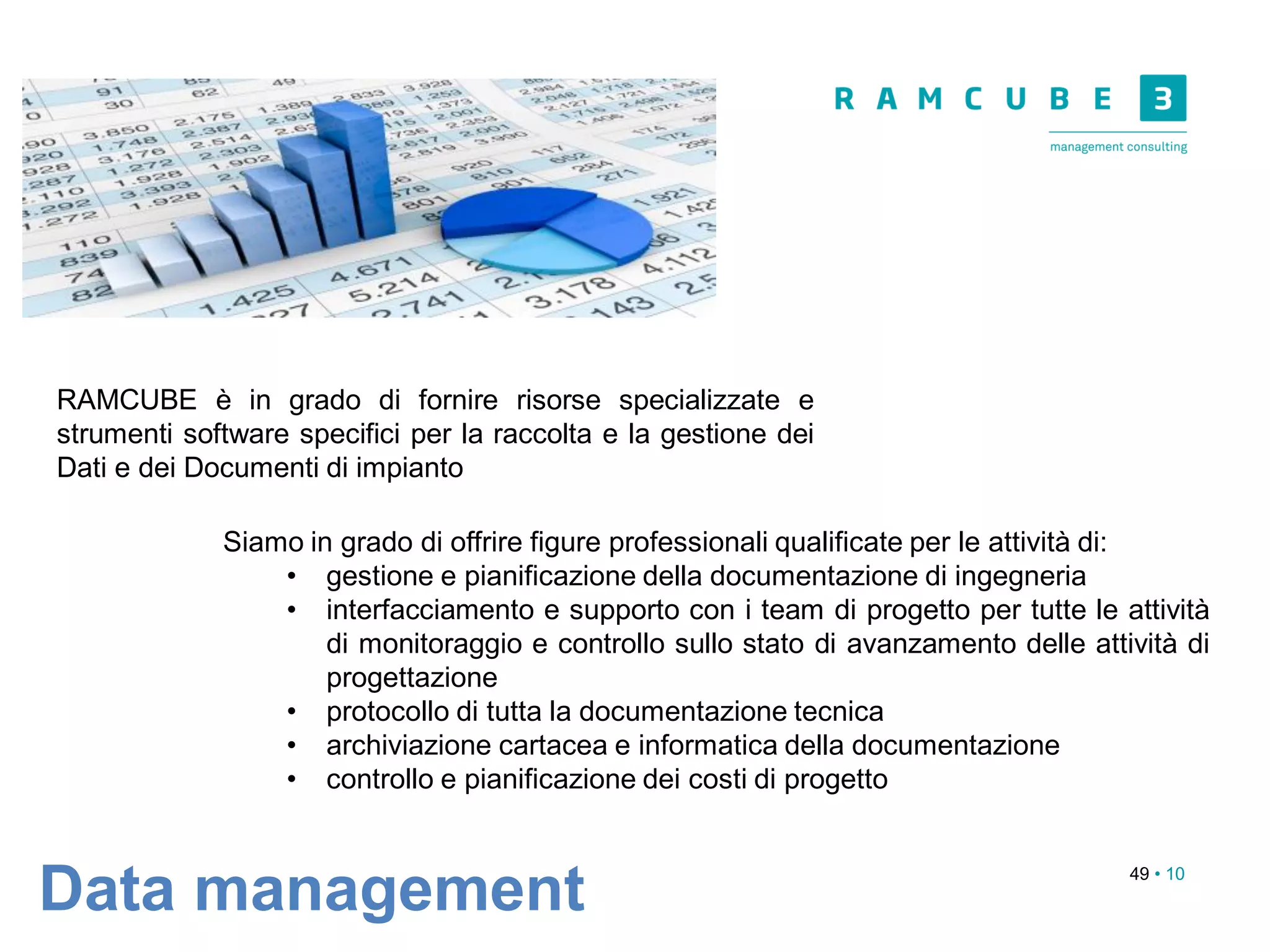 49 • 10
Data management
Siamo in grado di offrire figure professionali qualificate per le attività di:
• gestione e pianificazione della documentazione di ingegneria
• interfacciamento e supporto con i team di progetto per tutte le attività
di monitoraggio e controllo sullo stato di avanzamento delle attività di
progettazione
• protocollo di tutta la documentazione tecnica
• archiviazione cartacea e informatica della documentazione
• controllo e pianificazione dei costi di progetto
RAMCUBE è in grado di fornire risorse specializzate e
strumenti software specifici per la raccolta e la gestione dei
Dati e dei Documenti di impianto
 
