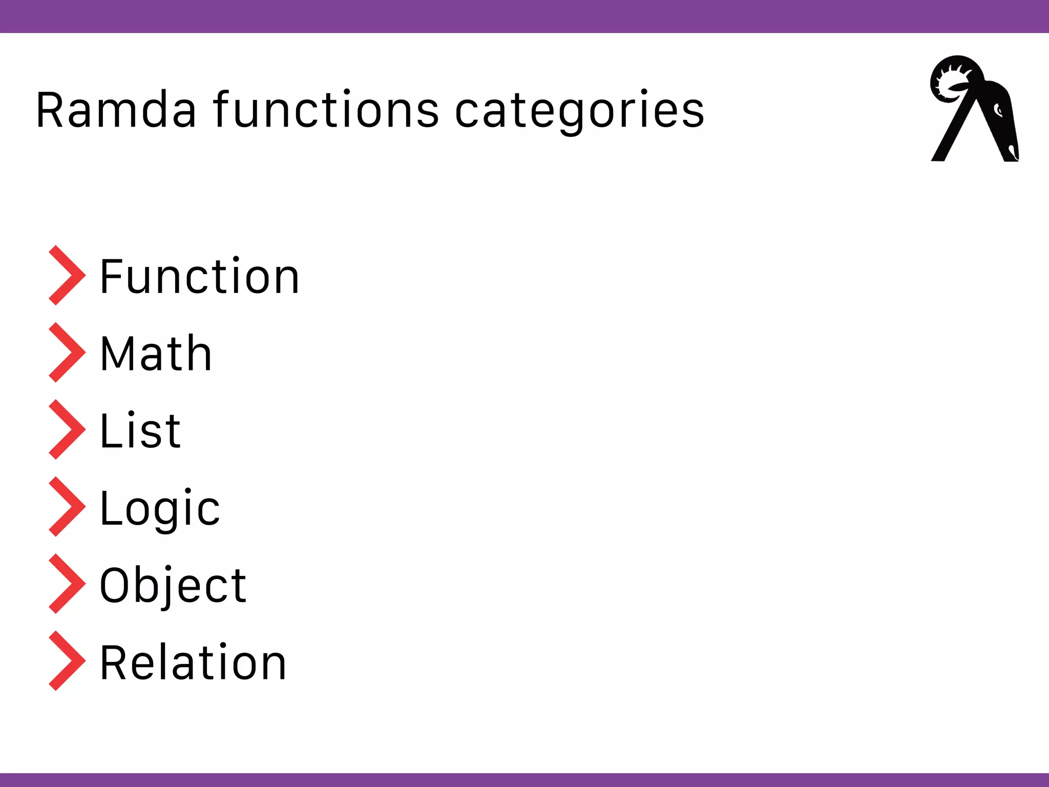 Globalcode – Open4education
Ramda functions categories
Function
Math
List
Logic
Object
Relation
 