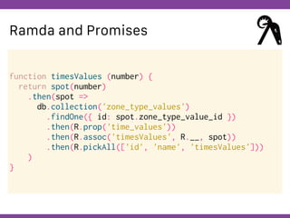 Globalcode – Open4education
Ramda and Promises
function timesValues (number) {
return spot(number)
.then(spot =>
db.collection('zone_type_values')
.findOne({ id: spot.zone_type_value_id })
.then(R.prop('time_values'))
.then(R.assoc('timesValues', R.__, spot))
.then(R.pickAll(['id', 'name', 'timesValues']))
)
}
 