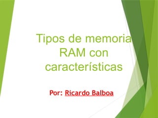 Tipos de memoria
RAM con
características
Por: Ricardo Balboa
Compeán.
 