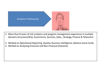 Analytics Professional
 More than 8 years of rich analytics and program management experience in multiple
domains (Insurance/Risk, Ecommerce, Services, Sales , Strategy, Finance & Telecomm
 Worked on Operational Reporting ,Quality, Business Intelligence ,Balance Score Cards
 Worked on Analyzing Financial and Non Financial Outcomes
 