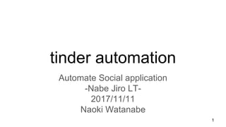 tinder automation
Automate Social application
-Nabe Jiro LT-
2017/11/11
Naoki Watanabe
1
 