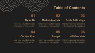Table of Contents
About Us Market Analysis
Content Plan Budget
Here you could describe
the topic of the section
Here you c...