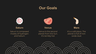 Our Goals
Saturn Venus
Saturn is composed
mostly of hydrogen
and helium
Venus is the second
planet from the Sun.
It’s terr...