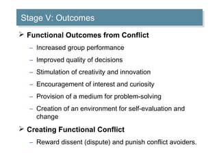 Stage V: Outcomes
Stage V: Outcomes
 Functional Outcomes from Conflict
– Increased group performance
– Improved quality of decisions
– Stimulation of creativity and innovation
– Encouragement of interest and curiosity
– Provision of a medium for problem-solving
– Creation of an environment for self-evaluation and
change

 Creating Functional Conflict
– Reward dissent (dispute) and punish conflict avoiders.

 