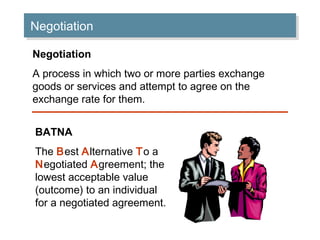 Negotiation
Negotiation
Negotiation
A process in which two or more parties exchange
goods or services and attempt to agree on the
exchange rate for them.
BATNA
The Best Alternative To a
Negotiated Agreement; the
lowest acceptable value
(outcome) to an individual
for a negotiated agreement.

 
