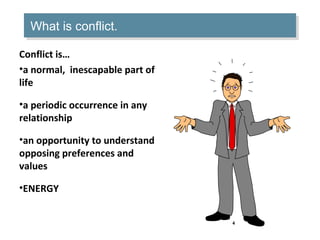 What is conflict.
What is conflict.
Conflict is…
•a normal, inescapable part of
life
•a periodic occurrence in any
relationship
•an opportunity to understand
opposing preferences and
values
•ENERGY
4

 