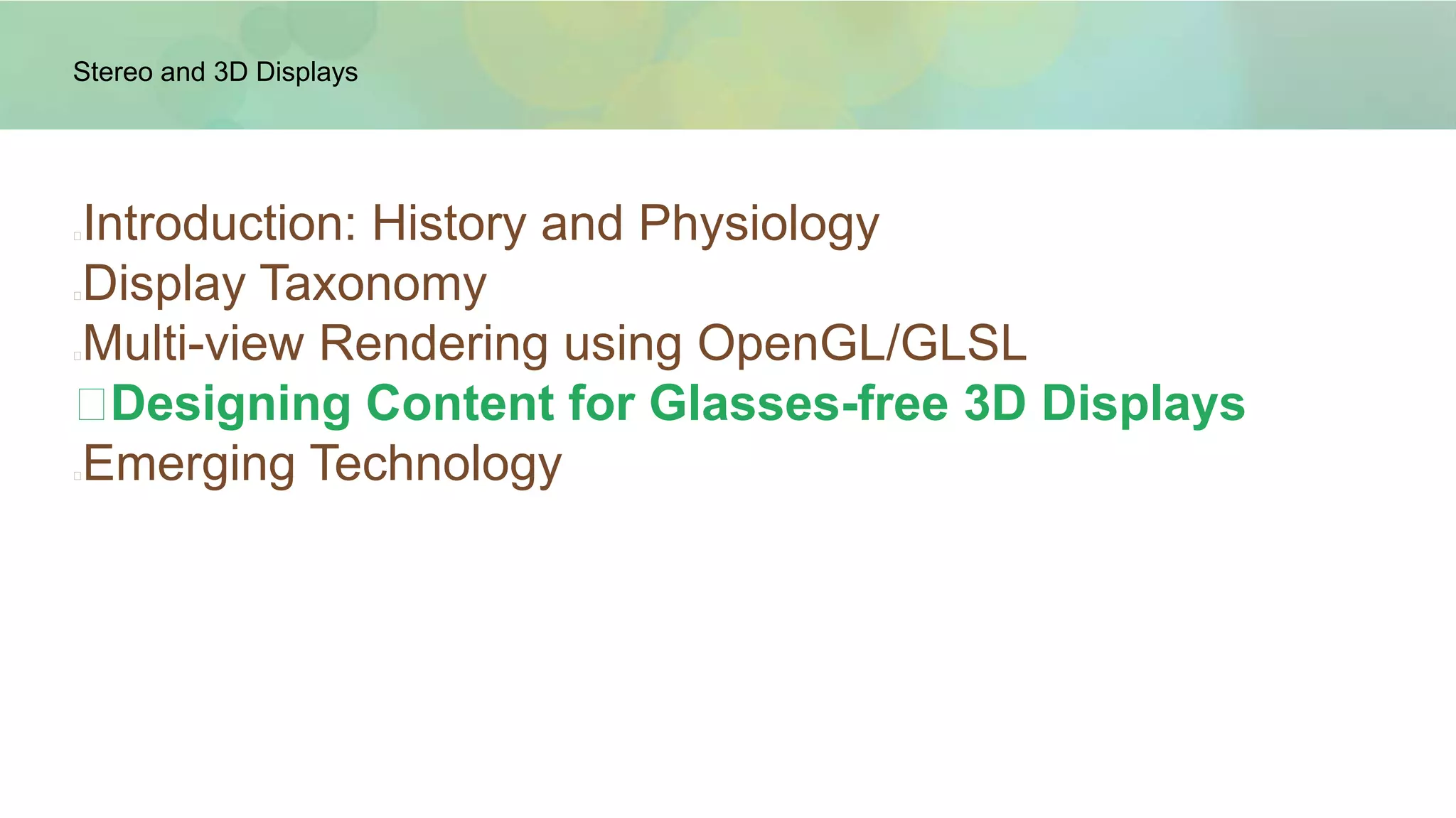 % read in images
ImL = imread('l.png');
ImR = imread('r.png');
% define "half color" matrices (see slides)
L = [.299 0 0
.587 0 0
.114 0 0];
R = [0 0 0
0 1 0
0 0 1];
% create a pixel x color array
ImL1d = double(reshape(ImL,prod(size(ImL(:,:,1))),3));
ImR1d = double(reshape(ImR,prod(size(ImR(:,:,1))),3));
% perform per pixel color permutation
ImL1d = ImL1d*L;
ImR1d = ImR1d*R;
Anaglyphic Model Viewer:
Making an Anaglyph Image in MATLAB
% convert back to 2d x color image
ImL = uint8(reshape(ImL1d,size(ImL)));
ImR = uint8(reshape(ImR1d,size(ImR)));
% create output
Iout = ImL + ImR;
anaglyph.m
 