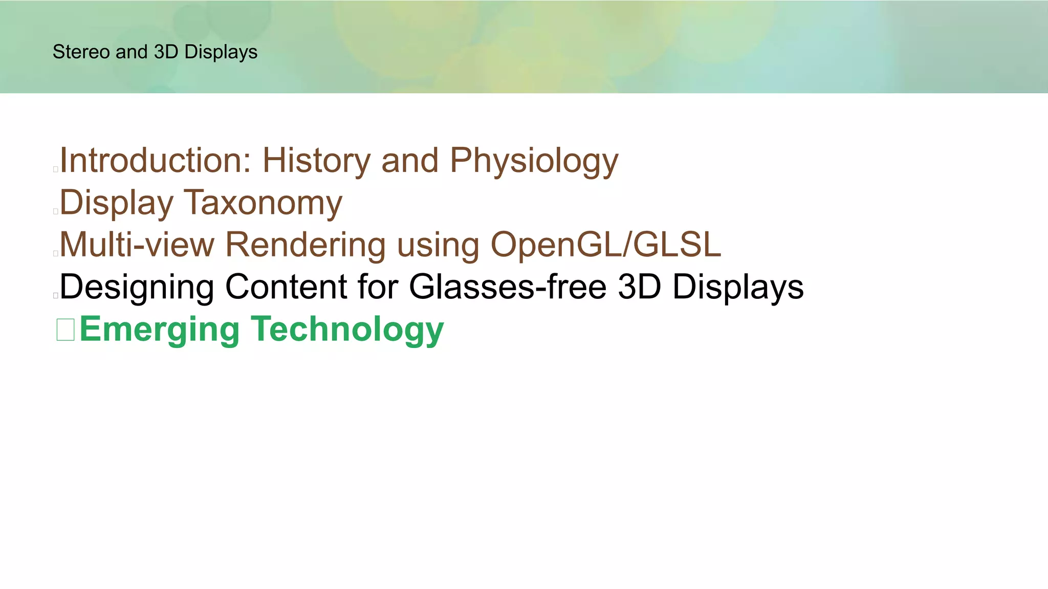 Avoid cases that cause a view to differ greatly from its neighbor
Left Right
Pillar pointing at viewer
Left Right
Clipped by edge of screen
Also watch out for
• Far objects clipped by near object
• Edges of hallways, tunnels, tubes,
etc
Also watch out for
• Don’t exit in front of screen plane
• More comfortable behind screen
• Avatar does a good job with this
Rendering Tips
Clipping and Degenerate Cases
 