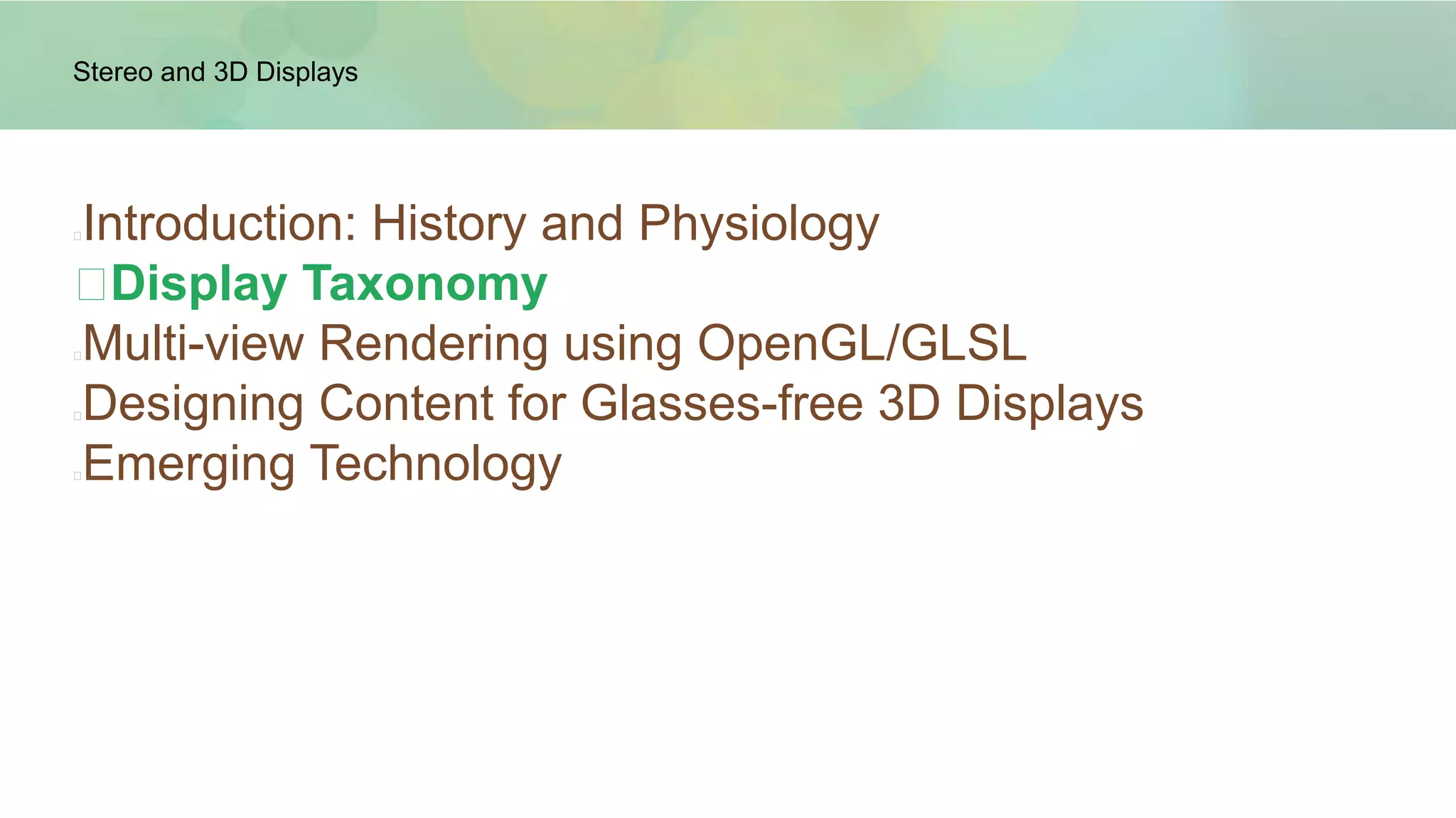 l
The HVS can ignore conflicting or missing depth cues
l
Understand depth in 2D (monocular) video
l
Perceive shape in “noise”
Ponzo Illusion: © Walt Anthony 2006magiceye.com
Conflicting Cues
 