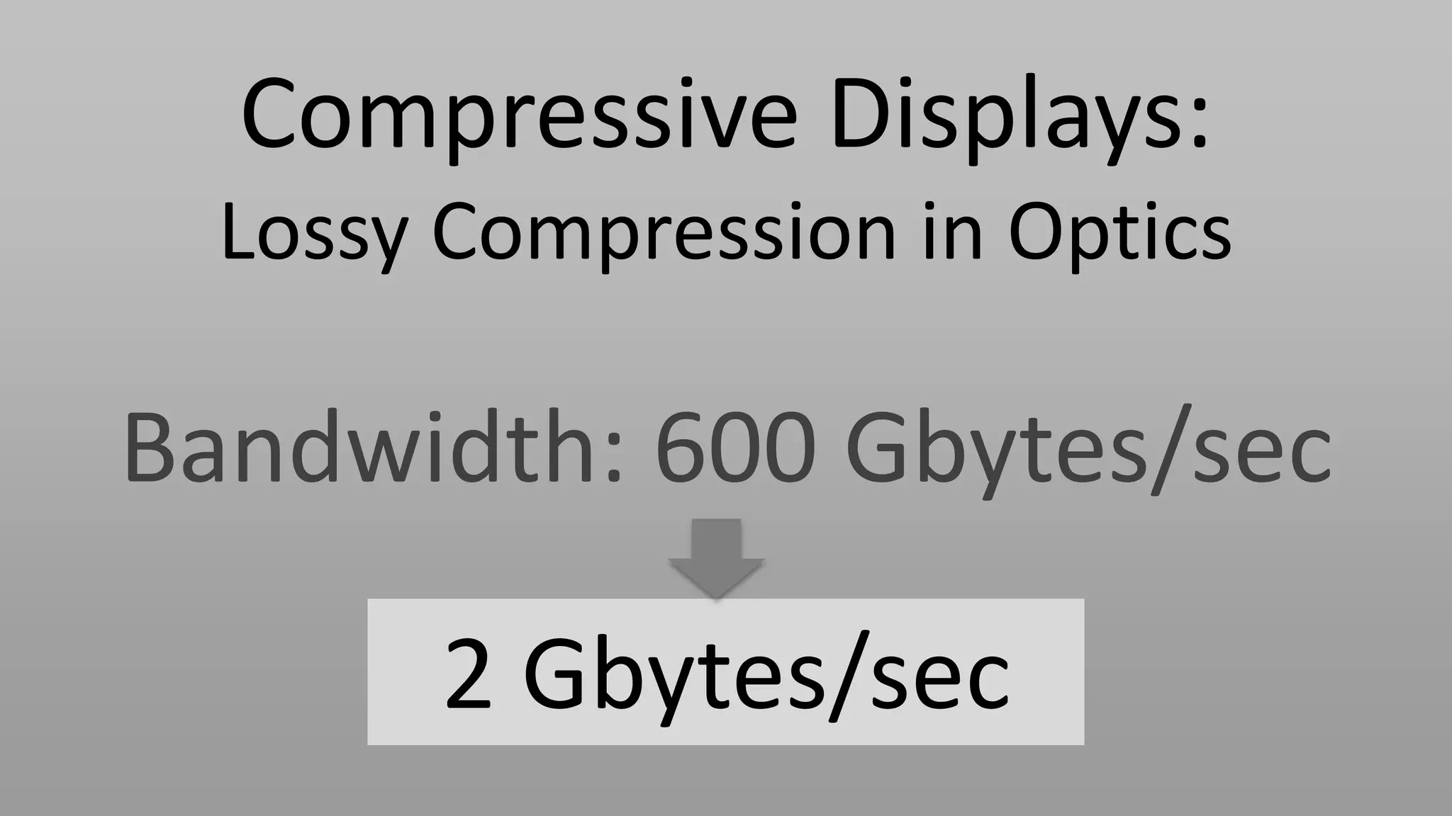 Compressive Displays:
  Lossy Compression in Optics

Bandwidth: 600 Gbytes/sec

       2 Gbytes/sec
 