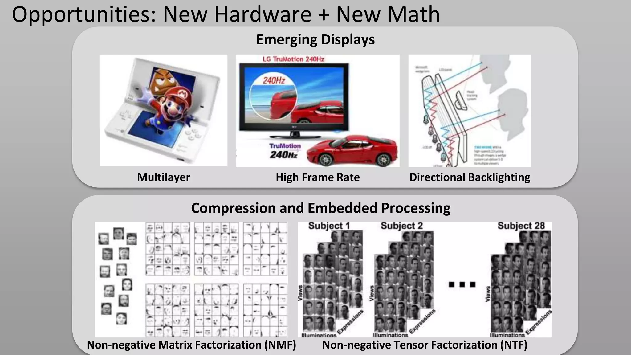 Opportunities: New Hardware + New Math
                                     Emerging Displays




               Multilayer                High Frame Rate         Directional Backlighting

                            Compression and Embedded Processing




      Non-negative Matrix Factorization (NMF)    Non-negative Tensor Factorization (NTF)
 