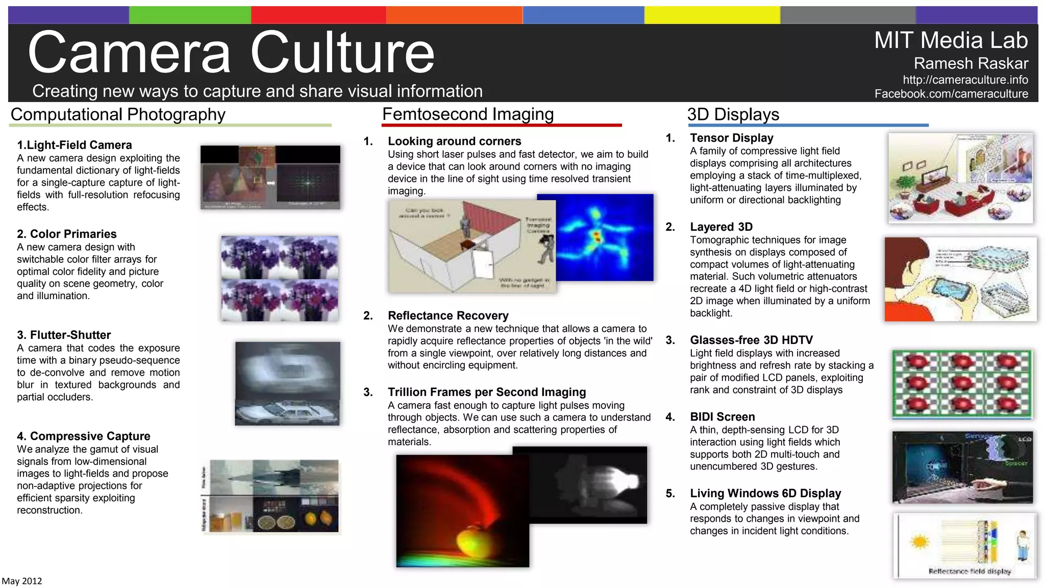Camera Culture
   Creating new ways to capture and share visual information
                                                                                                                                                                     MIT Media Lab
                                                                                                                                                                            Ramesh Raskar
                                                                                                                                                                         http://cameraculture.info
                                                                                                                                                                     Facebook.com/cameraculture
 Computational Photography                    Femtosecond Imaging                                                       3D Displays
                                            1.   Looking around corners                                            1.   Tensor Display
   1.Light-Field Camera                                                                                                 A family of compressive light field
   A new camera design exploiting the            Using short laser pulses and fast detector, we aim to build
                                                 a device that can look around corners with no imaging                  displays comprising all architectures
   fundamental dictionary of light-fields
                                                 device in the line of sight using time resolved transient              employing a stack of time-multiplexed,
   for a single-capture capture of light-
                                                 imaging.                                                               light-attenuating layers illuminated by
   fields with full-resolution refocusing
                                                                                                                        uniform or directional backlighting
   effects.

                                                                                                                   2.   Layered 3D
   2. Color Primaries                                                                                                   Tomographic techniques for image
   A new camera design with
                                                                                                                        synthesis on displays composed of
   switchable color filter arrays for                                                                                   compact volumes of light-attenuating
   optimal color fidelity and picture                                                                                   material. Such volumetric attenuators
   quality on scene geometry, color                                                                                     recreate a 4D light field or high-contrast
   and illumination.                                                                                                    2D image when illuminated by a uniform
                                            2.   Reflectance Recovery                                                   backlight.
                                                 We demonstrate a new technique that allows a camera to
   3. Flutter-Shutter                            rapidly acquire reflectance properties of objects 'in the wild'   3.   Glasses-free 3D HDTV
   A camera that codes the exposure              from a single viewpoint, over relatively long distances and            Light field displays with increased
   time with a binary pseudo-sequence            without encircling equipment.                                          brightness and refresh rate by stacking a
   to de-convolve and remove motion
                                                                                                                        pair of modified LCD panels, exploiting
   blur in textured backgrounds and                                                                                     rank and constraint of 3D displays
   partial occluders.                       3.   Trillion Frames per Second Imaging
                                                 A camera fast enough to capture light pulses moving
                                                 through objects. We can use such a camera to understand           4.   BIDI Screen
                                                 reflectance, absorption and scattering properties of                   A thin, depth-sensing LCD for 3D
   4. Compressive Capture                        materials.                                                             interaction using light fields which
   We analyze the gamut of visual
                                                                                                                        supports both 2D multi-touch and
   signals from low-dimensional
                                                                                                                        unencumbered 3D gestures.
   images to light-fields and propose
   non-adaptive projections for
   efficient sparsity exploiting                                                                                   5.   Living Windows 6D Display
   reconstruction.                                                                                                      A completely passive display that
                                                                                                                        responds to changes in viewpoint and
                                                                                                                        changes in incident light conditions.



May 2012
 