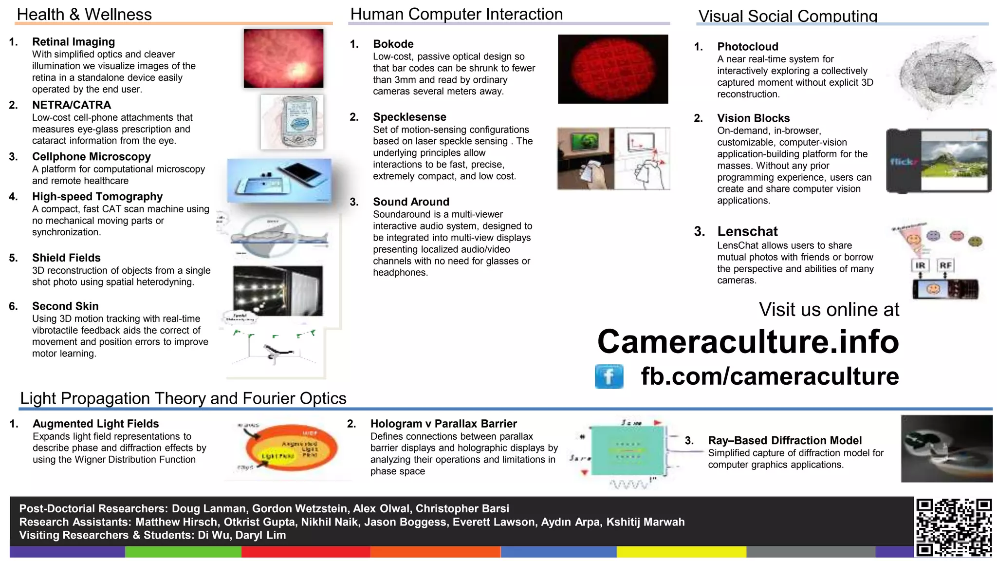 Health & Wellness                                               Human Computer Interaction                                        Visual Social Computing
1.     Retinal Imaging                                           1.   Bokode                                                      1.     Photocloud
       With simplified optics and cleaver                             Low-cost, passive optical design so                                A near real-time system for
       illumination we visualize images of the                        that bar codes can be shrunk to fewer                              interactively exploring a collectively
       retina in a standalone device easily                           than 3mm and read by ordinary                                      captured moment without explicit 3D
       operated by the end user.                                      cameras several meters away.                                       reconstruction.
2.     NETRA/CATRA
       Low-cost cell-phone attachments that                      2.   Specklesense                                                2.     Vision Blocks
       measures eye-glass prescription and                            Set of motion-sensing configurations                               On-demand, in-browser,
       cataract information from the eye.                             based on laser speckle sensing . The                               customizable, computer-vision
3.     Cellphone Microscopy                                           underlying principles allow                                        application-building platform for the
       A platform for computational microscopy                        interactions to be fast, precise,                                  masses. Without any prior
       and remote healthcare                                          extremely compact, and low cost.                                   programming experience, users can
                                                                                                                                         create and share computer vision
4.     High-speed Tomography                                     3.   Sound Around                                                       applications.
       A compact, fast CAT scan machine using
                                                                      Soundaround is a multi-viewer
       no mechanical moving parts or
                                                                      interactive audio system, designed to
       synchronization.
                                                                      be integrated into multi-view displays
                                                                                                                                  3. Lenschat
                                                                      presenting localized audio/video                                   LensChat allows users to share
5.     Shield Fields                                                  channels with no need for glasses or                               mutual photos with friends or borrow
       3D reconstruction of objects from a single                     headphones.                                                        the perspective and abilities of many
       shot photo using spatial heterodyning.                                                                                            cameras.

6.     Second Skin
       Using 3D motion tracking with real-time
                                                                                                                                                   Visit us online at
       vibrotactile feedback aids the correct of
       movement and position errors to improve
       motor learning.                                                                                                Cameraculture.info
                                                                                                                        fb.com/cameraculture
     Light Propagation Theory and Fourier Optics
1.     Augmented Light Fields                                    2.   Hologram v Parallax Barrier
       Expands light field representations to                         Defines connections between parallax                    3.       Ray–Based Diffraction Model
       describe phase and diffraction effects by                      barrier displays and holographic displays by
                                                                                                                                       Simplified capture of diffraction model for
       using the Wigner Distribution Function                         analyzing their operations and limitations in
                                                                                                                                       computer graphics applications.
                                                                      phase space


     Post-Doctorial Researchers: Doug Lanman, Gordon Wetzstein, Alex Olwal, Christopher Barsi
     Research Assistants: Matthew Hirsch, Otkrist Gupta, Nikhil Naik, Jason Boggess, Everett Lawson, Aydın Arpa, Kshitij Marwah
     Visiting Researchers & Students: Di Wu, Daryl Lim
 