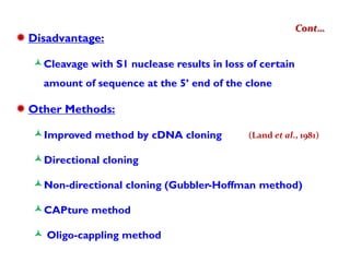 Cont…

 Disadvantage:
Cleavage with S1 nuclease results in loss of certain
amount of sequence at the 5’ end of the clone

 Other Methods:
Improved method by cDNA cloning

(Land et al., 1981)

Directional cloning
Non-directional cloning (Gubbler-Hoffman method)
CAPture method
 Oligo-cappling method

 