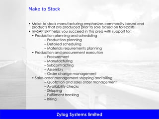 Make to Stock Make-to-stock manufacturing emphasizes commodity-based end products that are produced prior to sale based on forecasts. mySAP ERP helps you succeed in this area with support for: •  Production planning and scheduling –  Production planning –  Detailed scheduling –  Materials requirements planning •  Production and procurement execution –  Procurement –  Manufacturing –  Subcontracting –  Assembly –  Order change management •  Sales order management shipping and billing –  Quotation and sales order management –  Availability checks –  Shipping –  Fulfillment tracking –  Billing 