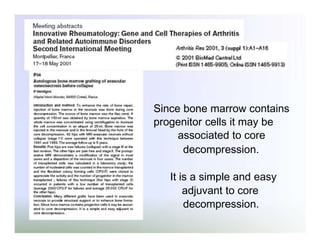 Since bone marrow contains
progenitor cells it may be
associated to core
decompression.
It is a simple and easy
adjuvant to core
decompression.

 